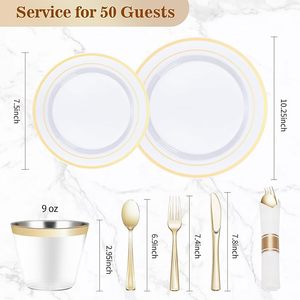Ensemble <span class=keywords><strong>de</strong></span> vaisselle jetable écologique en <span class=keywords><strong>plastique</strong></span> doré pour 50 invités <span class=keywords><strong>100</strong></span> <span class=keywords><strong>assiettes</strong></span> 50 tasses 50 serviettes roulées argenterie - Product Image 2