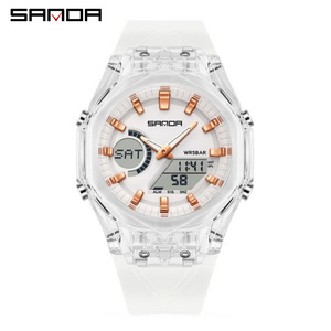 SANDA 6283 นาฬิกาข้อมือผู้ชายจอแสดงผลคู่ทรงสี่เหลี่ยมอินเทรนด์ลำลองซิลิโคนปฏิทินกันน้ำนาฬิกาข้อมืออิเล็กทรอนิกส์มัลติฟังก์ชั่น - Product Image 1