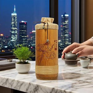 Bamboo Tea Caddy With Cloth Bag Sealed Storage For White Tea Gift Packaging Floral Calligraphy Design - Product Image 1