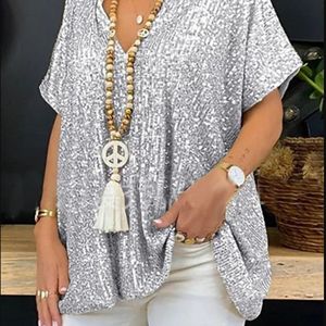 Women <b>Sequined</b> V-Neck Short Sleeve Shirt Gold Loose Fit Casual Top 3D Effect Hot Stamping Acetate Fiber - Product Image 3