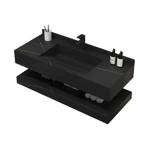 Modern Double Floating Marble Solid Surface Sink Hotel Bathroom Rectangular Integrated Washbasin