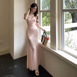 Women's Summer Mesh Waist Cinching Long Dress Sweetheart Neckline Backless Splicing Club Dress Tourist Beach Style - Product Image 3