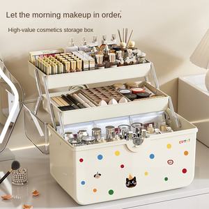 GREENSIDE Caja de Almacenamiento de Escritorio de Plástico Transparente Brillante de Tres Capas y Gran Capacidad de 2L, Tapa Portátil Multifuncional para Cosméticos - Product Image 1