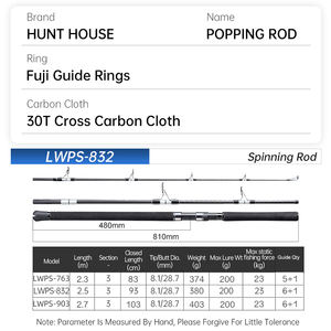 Canne à pêche Hunthouse Popping en 3 sections, spinning océanique 30T 2,5m, poids de lancer 200g, fibre de carbone, anneaux Fuji, accessoires <span class=keywords><strong>pour</strong></span> bateau - Product Image 2