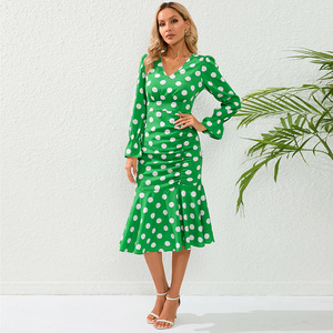 Graziosi passi Sexy a <span class=keywords><strong>pois</strong></span> con scollo a V abito a maniche lunghe plissettato a coda di pesce gonna Midi Slim Fit taglie forti per bambini - Product Image 3