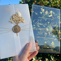 Cartes d'invitation de mariage de luxe personnalisées en acrylique avec enveloppe en vélin, sceau de cire et fleurs séchées pour destination, Saint-Valentin, anniversaire