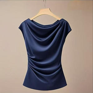 Women's Satin Cowl Neck Ruched <b>Top</b> - Cap Sleeve Fitted Blouse Womens Clothes Shirt Fashion - Product Image 5