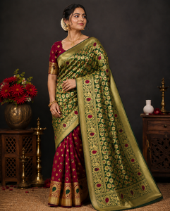 Trendy Exclusive Green and <b>Red</b> Silk <b>Saree</b> With Gold Floral Embroidery <b>Red</b> Border Blouse Piece For Wedding And Festival Wear - Product Image 4