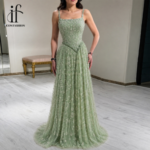 <span class=keywords><strong>Robe</strong></span> de soirée personnalisée pour femme en tulle brodé vert sauge, coupe trapèze, bretelles spaghetti, longueur ras du sol, <span class=keywords><strong>robe</strong></span> de bal formelle - Product Image 3