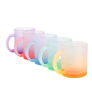 USA Warehouse 11oz Taza de café de viaje transparente Colores degradados 11oz Sublimación Taza de cerveza de vidrio esmerilado Taza con asa