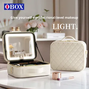 Sac à cosmétiques professionnel pour femmes <span class=keywords><strong>OBOX</strong></span>, nouveau style 2025, miroir, lumière, surface en treillis de diamant, fermeture éclair, PU respirant, imperméable - Product Image 5