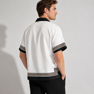 Chemise de bowling personnalisée pour homme, manches courtes, rayures rétro, col camp, boutonnée, logo personnalisé, marque privée, OEM, vente en gros - Product Image 2