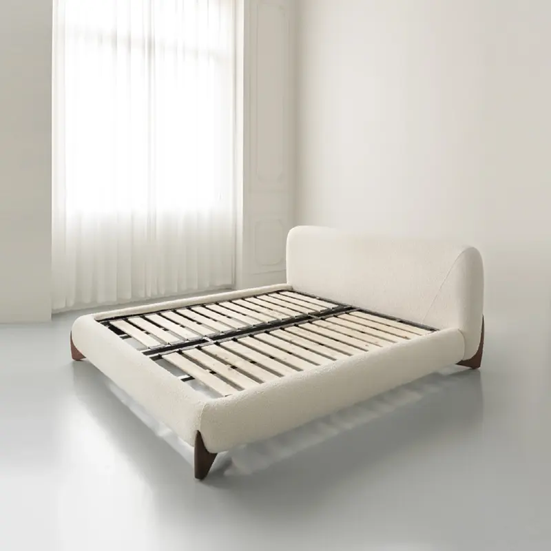 wabi sabi style white home decor bedroom furniture bed frame modern minimalism fluffy cotton teddy boucle fabric bed