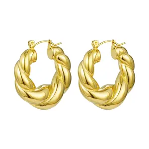 Non Tarnish Water Proof Fashion Jewelry 18K Gold Plated Stainless Steel Chunky Earrings Solid Twisted Hoop Earrings For Women