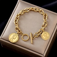 Fermoir OT personnalisé en acier inoxydable, plaqué or 18 carats, chaîne épaisse, pièce de monnaie, sourire, cœur, pendentif, bracelet