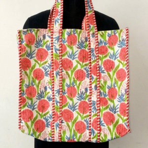 Bolso Tote de Algodón Acolchado de Lujo con Estampado Floral Rosa, Estilo Bohemio, Casual de Verano, Abierto, para Compras, para Mujer - Product Image 1