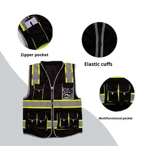 سترة عمل سوداء عالية الوضوح متعددة الجيوب بسحاب مقاومة للتآكل ملابس أمان قابلة للتخصيص بشعار الشركة مباشرة من المصنع - Product Image 2