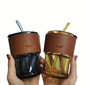 แก้วน้ำแก้วใสขนาด 400 มล. แก้วน้ำทรงสูงแบบหนา แก้วกาแฟเก็บความร้อน แก้วน้ำแข็งใส แก้วกาแฟพร้อมหลอดและฝาปิดสนิท พกพาสะดวก - Product Image 4