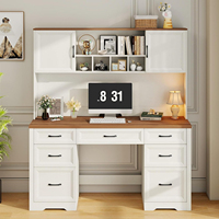 Bureau de direction style ferme avec huche et 7 tiroirs, blanc rustique, grand poste de travail pour chambre et bureau