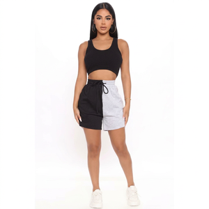 Shorts en tricot à taille haute avec blocs de couleur et cordon de serrage, décontractés, en molleton pour femme, noir et gris, 100% coton 160 g/m², en promotion - Product Image 1