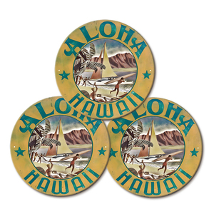 Letrero redondo de metal vintage <span class=keywords><strong>Aloha</strong></span> Hawaii con estampado retro de <span class=keywords><strong>surf</strong></span> y velero - Product Image 1