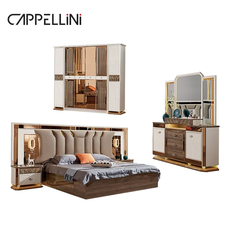 Cama king de cuero de madera de diseño moderno conjunto completo de muebles de dormitorio camas de lujo con forro de armario tocador