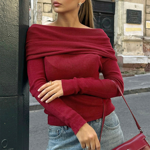 Enyami donna Sexy bordeaux senza spalline con <span class=keywords><strong>scollo</strong></span> <span class=keywords><strong>a</strong></span> <span class=keywords><strong>barca</strong></span> senza spalline <span class=keywords><strong>a</strong></span> manica lunga aderente in maglia aderente <span class=keywords><strong>a</strong></span> maglia Pullover top blusa - Product Image 4