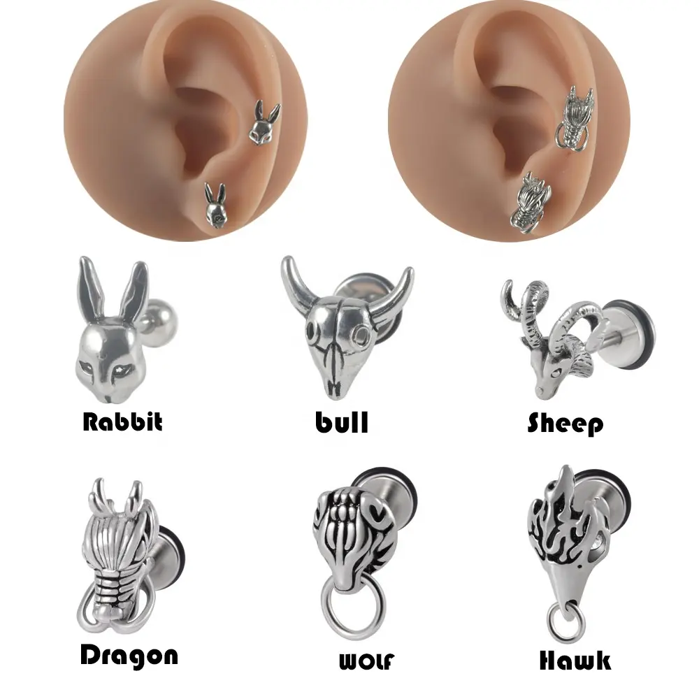 Surgical Steel 16G Bull Sheep Dragon Rabbit Wolf Ear Cartilage Tragus Helix Earring Stud Earring Lobe Body Piercing Jewelry