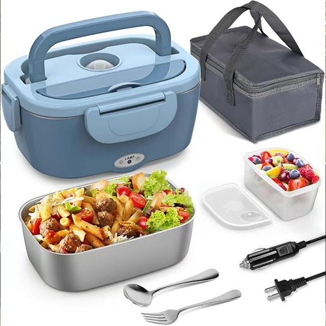 12V 24V 220V 110V Large Stainless Steel Plastic Capacity Electric Lunch Box Family Car Dual-purpose Heating Lunch Box