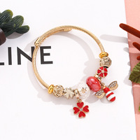 Gelang Liontin Lebah Kristal Baja Anti Karat Lapis Emas, Manik-Manik Lubang Besar Model Tetesan Minyak, Liontin Bunga, untuk Wanita