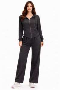 Completo da donna 2 pezzi con felpa e pantaloni lunghi in pile polare tinta unita con cerniera, comodo per lo yoga - Product Image 3