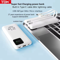 Chargeur de batterie externe TDX X-105DX 10000mAh avec câble de charge rapide double type C PD 20W 22.5W, affichage numérique pour Micro USB, câbles intégrés