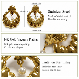 Boucles d'oreilles pendantes en forme de perle de coquillage, acier inoxydable, plaqué or 14 carats, imitation perle - Product Image 4