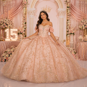 Robe de bal élégante Lsdz011-Pz couleur pêche pour Quinceañera, avec corsage froncé, corset perlé et tulle scintillant, robe de soirée Jancemebr - Product Image 1