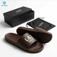 Sandales pour hommes L&J Custom avec logo 3D en relief, dessus en PU marron de qualité supérieure, vente en gros, faible MOQ, pantoufles de luxe, emballage personnalisé