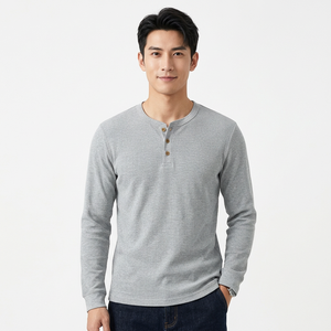Custom 3 Button <b>Henley</b> T Shirt <b>Men</b> <b>Long</b> <b>Sleeve</b> Slim Fit Waffle Knit Polyester Cotton - Product Image 2