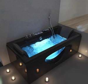 Baignoire de massage moderne noire avec jets à bulles d'air et cascade, panneau de commande intelligent, Jacuzzi pour spa à domicile pour 1 personne - Product Image 1