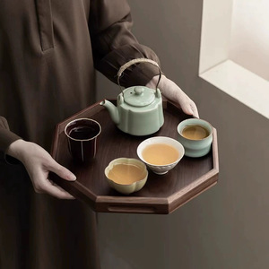 Cross-border dropshipping of black walnut wood octagonal household <b>tea</b> <b>trays</b>, wooden dinner plates, pizza <b>trays</b>, hotel serving - Product Image 3