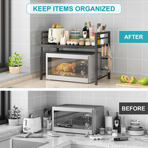 Étagère extensible à 2 niveaux pour micro-ondes, étagère de rangement pour comptoir pour ustensiles de cuisine et vaisselle, support pour four à micro-ondes en acier au carbone - Product Image 2