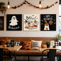 Set Seni Dinding Trio Hantu Halloween, 3 Kanvas Cetak Terbungkus Kain, Dekorasi Liburan Rumah Gaya Pedesaan dengan Labu dan Kelelawar yang Menyeramkan dan Lucu