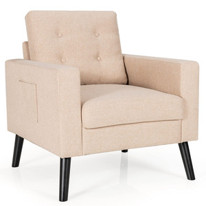 Sillón de Estilo Moderno de Mediados de Siglo con Respaldo Acolchado y Tapizado en Tela Beige con Botones, Ideal para Dormitorios, Áreas de Lectura y Salas de Estar - Product Image 1