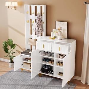 Conjunto <span class=keywords><strong>de</strong></span> Perchero <span class=keywords><strong>de</strong></span> Madera Contemporáneo para Entrada <span class=keywords><strong>de</strong></span> Hotel con 8 Ganchos, Banco Acolchado y Almacenamiento para Zapatos - Acabado Negro - Product Image 6