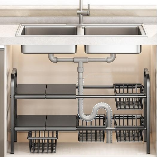 2-Tier Carbon Steel Under-Sink Kitchen Accessories Storage Rack Under Sink Organizer Adjustable Sliding Organizer Sink Cabinet