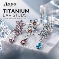 Anting-anting tusuk titanium G23 berlapis zirkonia, desain bunga ganda tetesan air, dua lapis, unisex, untuk tulang telinga