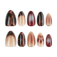 Unghie Finte Press-on Effetto Tartaruga Marrone, Unghie a Mandorla con Effetto Occhio di Gatto, Linea Dorata e Accenti Floreali, Eleganti per Uso Quotidiano, Manicure 4543
