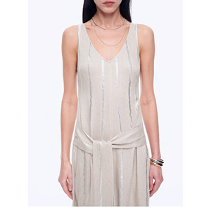 Vestido de Lino con Rayas Plateadas y Cuello en V, Estilo Drapeado, Modelo "Milan Holiday" - Product Image 1