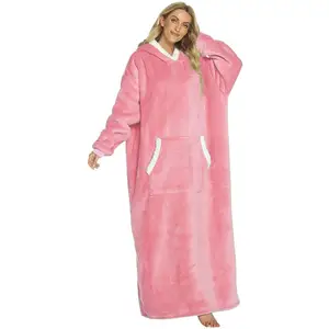 Felpa con cappuccio indossabile coperta con maniche in pile oversize Super lunga donna pigiama morbida e calda felpa Sherpa coperte