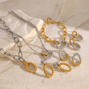 Stainless Steel Two Tone Twisted Chain Jewelry <b>Set</b> Gold Silver Color Block Party Fashion Earrings Necklace <b>Bracelet</b> - Product Image 4