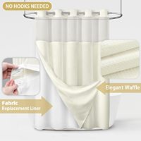 Ensemble de rideau de douche moderne en polyester imperméable sans crochets, style hôtel, crème gaufré, avec doublure en tissu à clipser