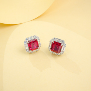 925 Sterling Silver Emerald Cut Lab Created Ruby Halo <b>Stud</b> Earrings - Product Image 5